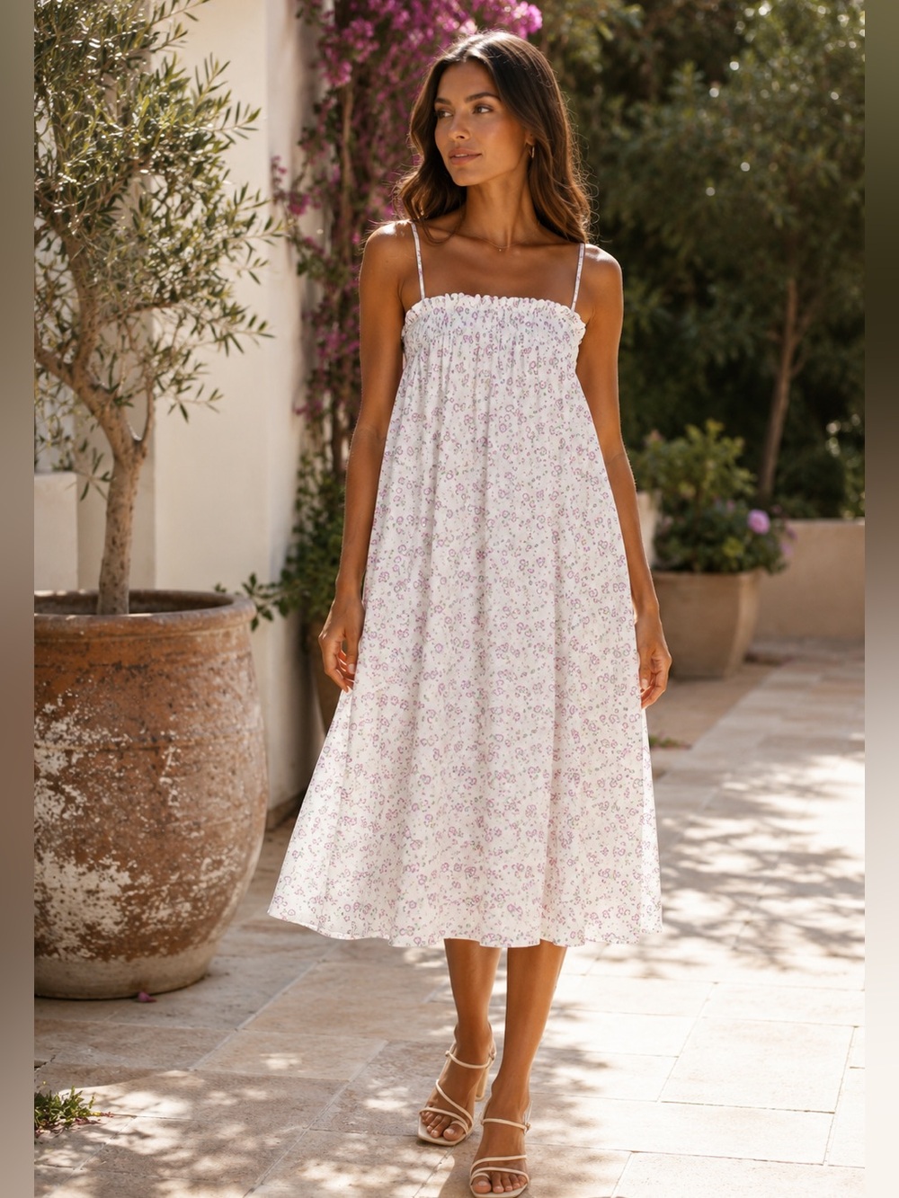 Wayf Nella Floral Midi Dress XS Ivory Ditsy Print Pockets Cottagecore